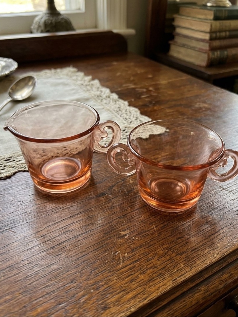 Vintage Pink Glass Creamer and Sugar Set
Depression glass